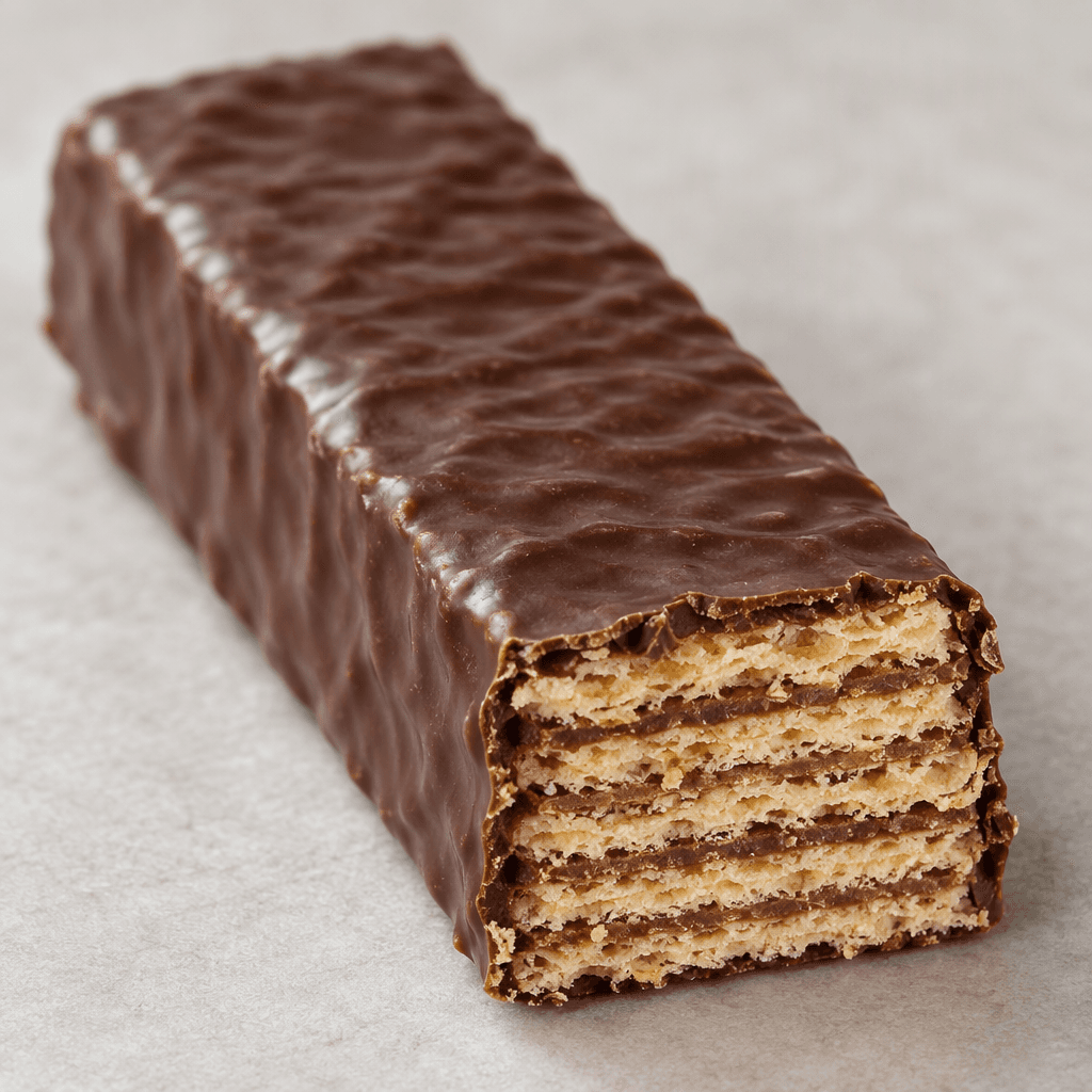 An elongated, rectangular wafer bar with a dark brown chocolate coating and thin, pale golden wafer layers visible at a broken end.