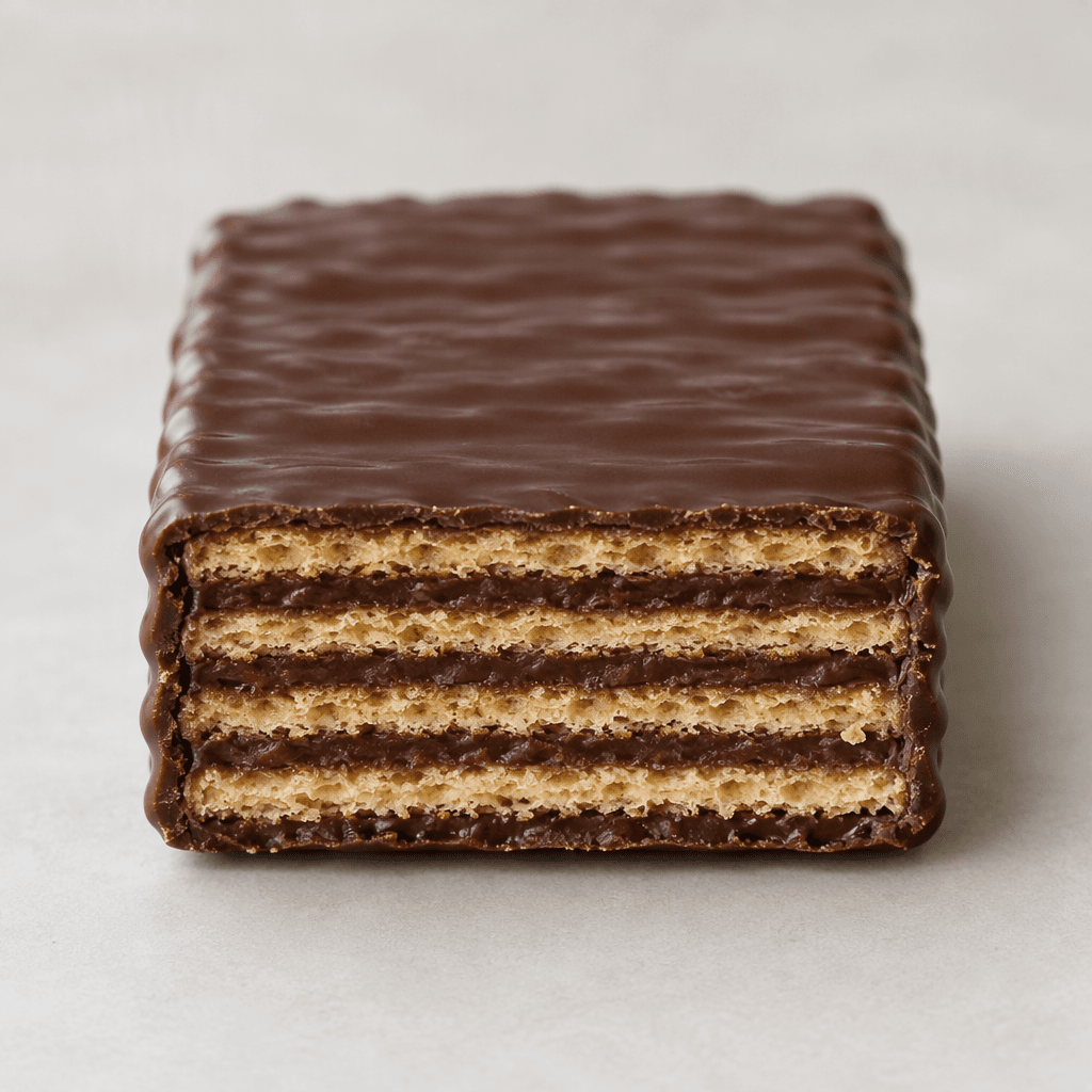 A rectangular wafer with several thin, pale golden layers and dark chocolate cream between them, covered in a smooth dark chocolate coating with crisp, slightly ridged edges and a clean cut surface.