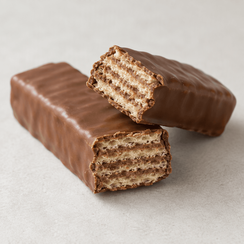 A slim rectangular milk-chocolate bar with a smooth, slightly glossy brown coating, broken to reveal crisp pale wafer layers and a light-brown filling inside.