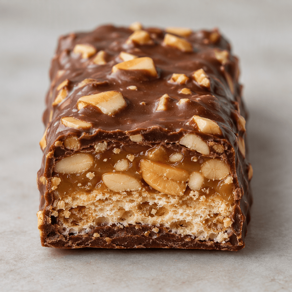 A compact rectangular bar with a glossy brown chocolate coating, dotted with visible pieces of pale tan peanut and showing a crisp layered interior where cut.