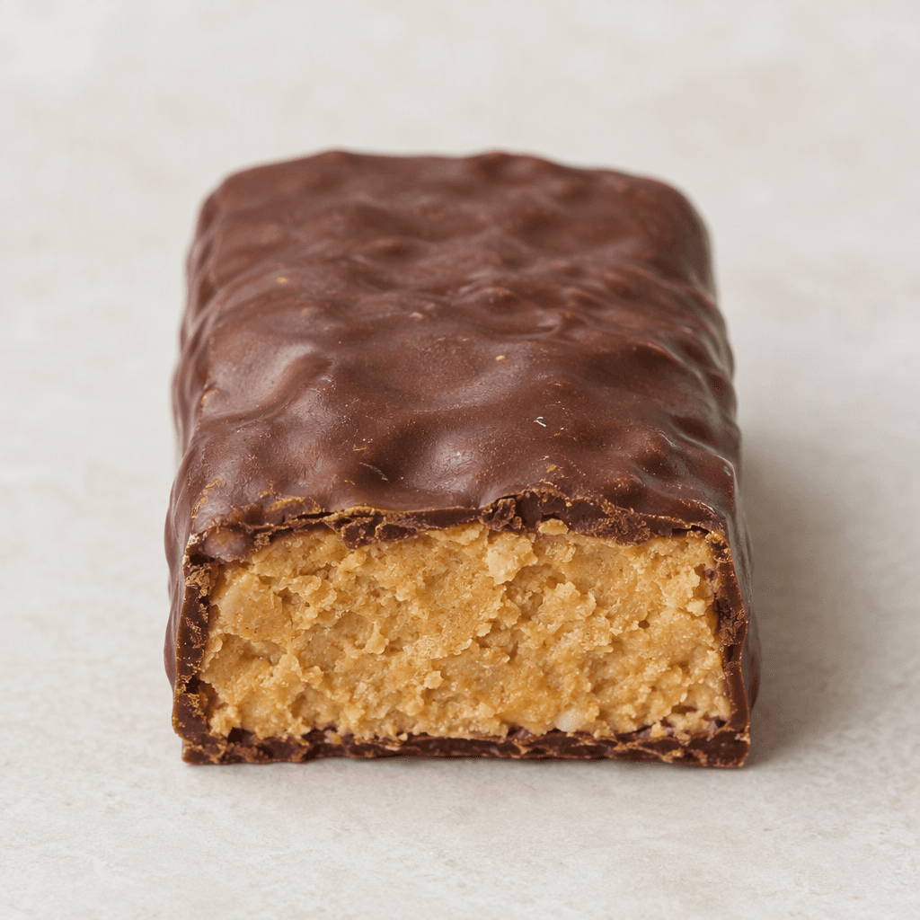 A compact rectangular, chocolate-brown bar with a slightly uneven surface and a dense, tan peanut-butter-colored interior visible at the cut end.