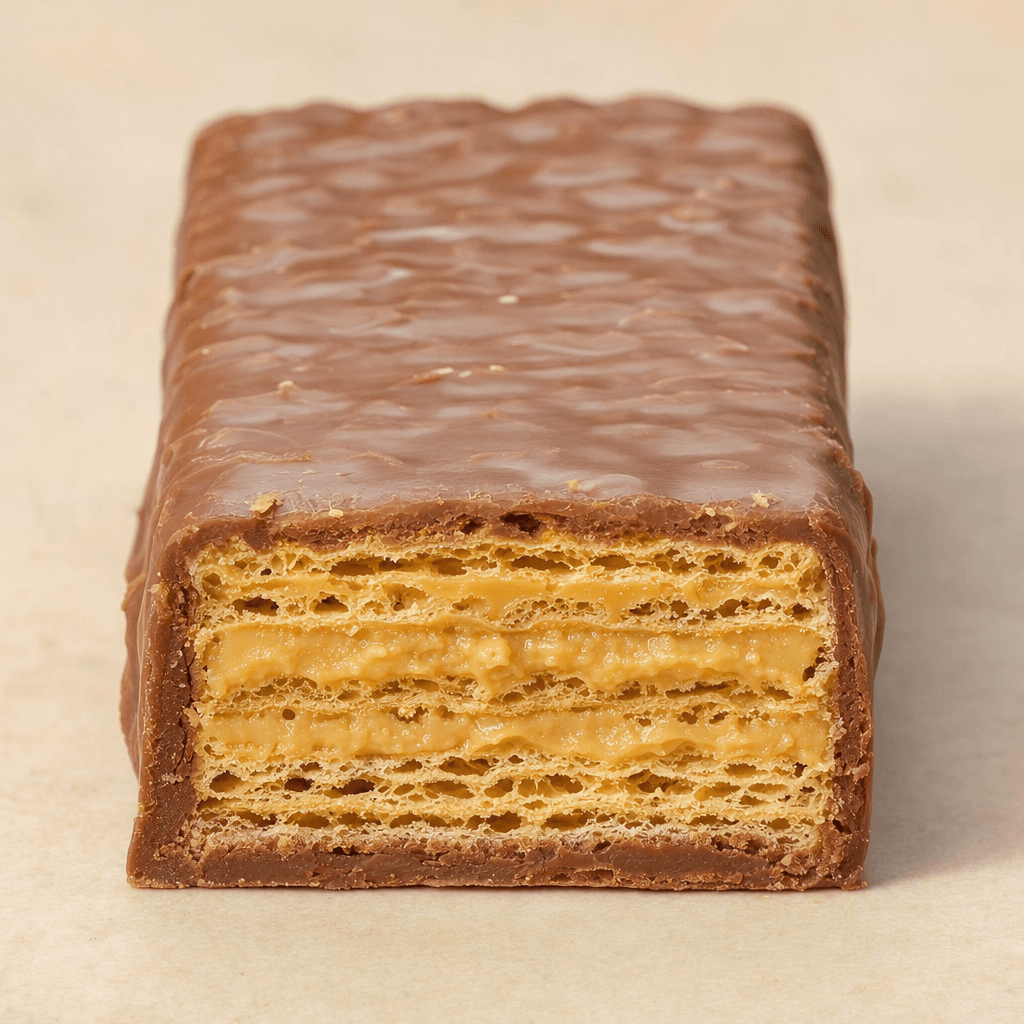 A rectangular wafer bar coated in smooth milk chocolate, with crisp, thin golden wafer layers and pale peanut-butter filling visible at a cut end.