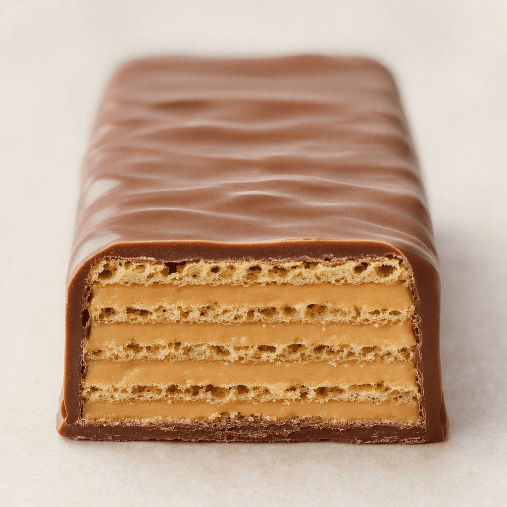 A slim rectangular bar coated in smooth brown milk chocolate, with a cut cross-section showing crisp golden wafer layers separated by pale tan peanut cream.
