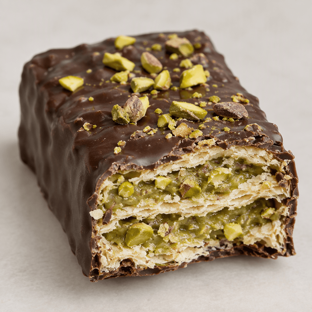 A rectangular bar coated in dark chocolate, with a broken edge revealing crisp pale layers filled with green pistachio paste and dotted with chopped pistachio pieces.