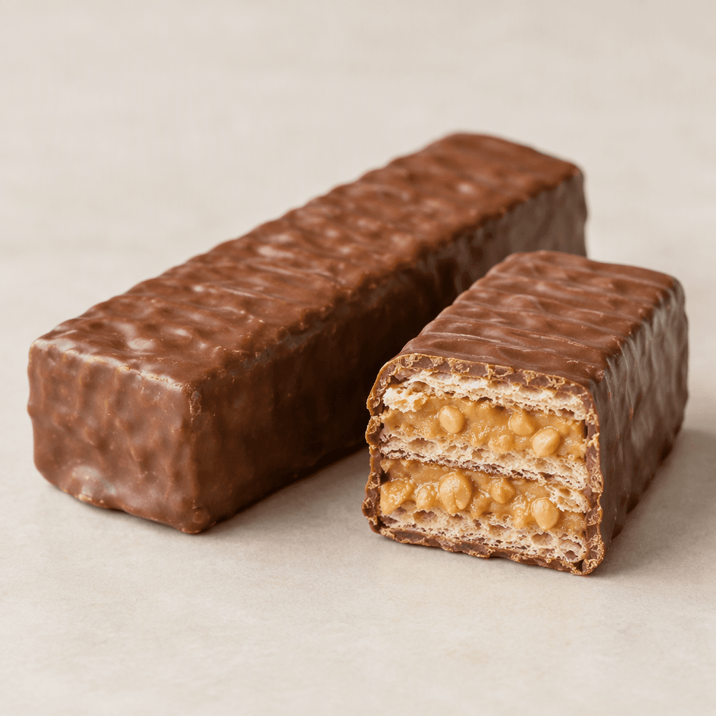 A rectangular milk-chocolate-coated wafer bar with crisp, thin wafer layers and a creamy peanut-butter filling dotted with small peanut pieces, shown whole beside a cut end that reveals its layers.