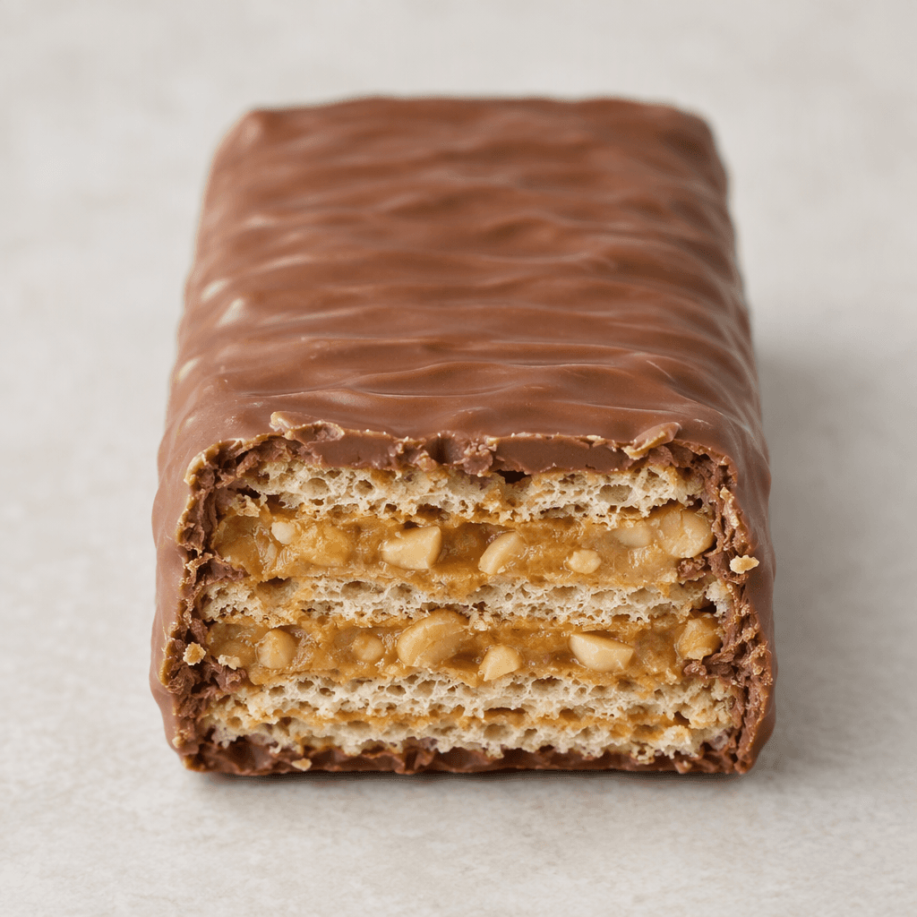 A rectangular wafer bar coated in smooth light-brown milk chocolate, with crisp layered wafer and tan peanut-butter filling studded with small peanut pieces visible at a broken edge.