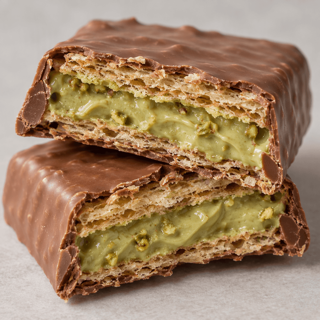 A rectangular milk-chocolate-coated wafer bar, broken open to show thin crisp layers surrounding a smooth pale-green pistachio cream filling.