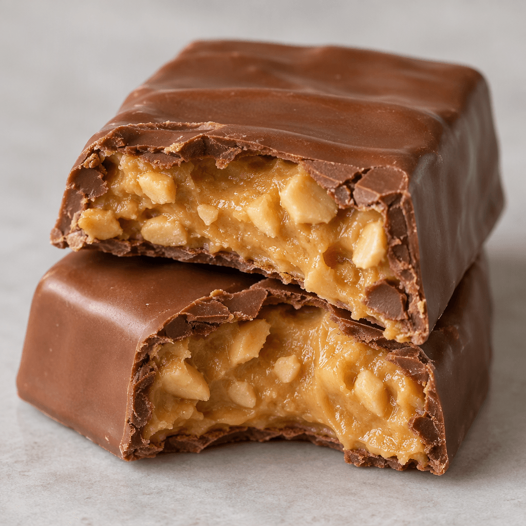 A rectangular milk-chocolate bar with a smooth brown coating and a broken section showing creamy tan peanut butter dotted with small peanut pieces.