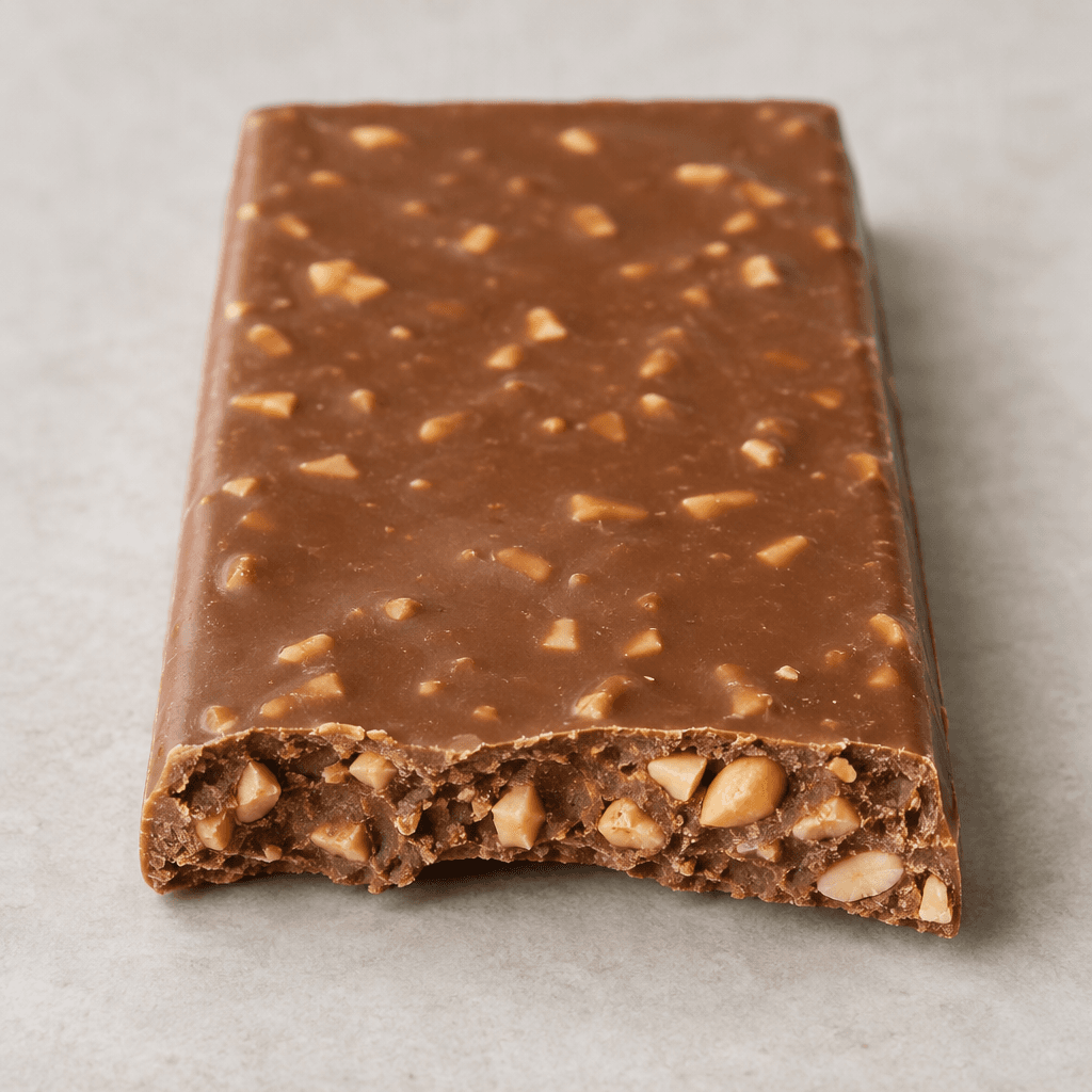 A rectangular milk chocolate bar with a smooth brown surface and small pale golden peanut pieces embedded throughout, shown whole with a broken edge revealing the inclusions inside.