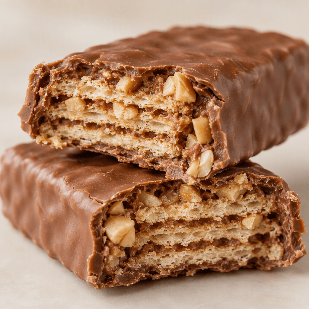 A rectangular wafer bar coated in smooth milk chocolate, with crisp layered wafers and small peanut pieces visible where the bar is broken.