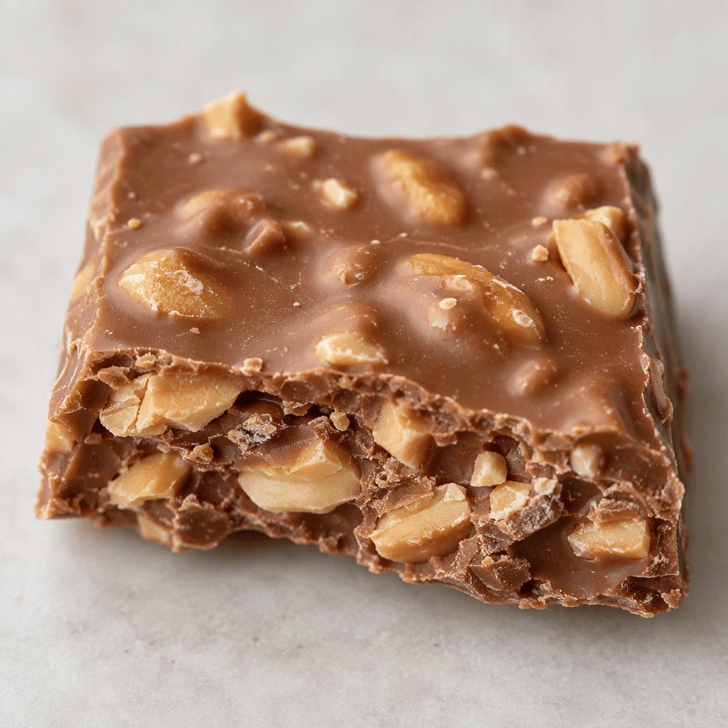 A small, roughly rectangular bar of light-brown milk chocolate, with peanut pieces visible across its surface and in the crisp, uneven broken edge.
