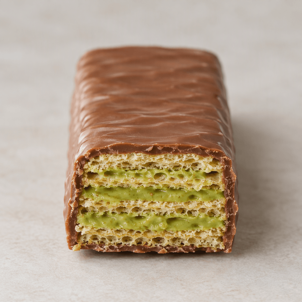 A rectangular wafer bar coated in smooth light-brown milk chocolate, with crisp, thin wafer layers and pale green pistachio cream visible at the cut end.