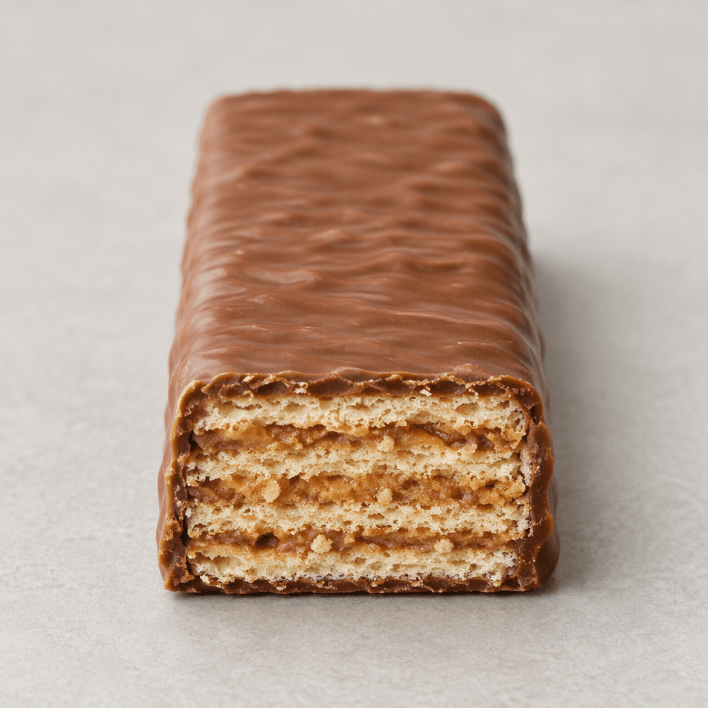 A slim rectangular wafer bar covered in smooth milk chocolate, with crisp, pale wafer layers and light-brown peanut filling visible at its cut end.