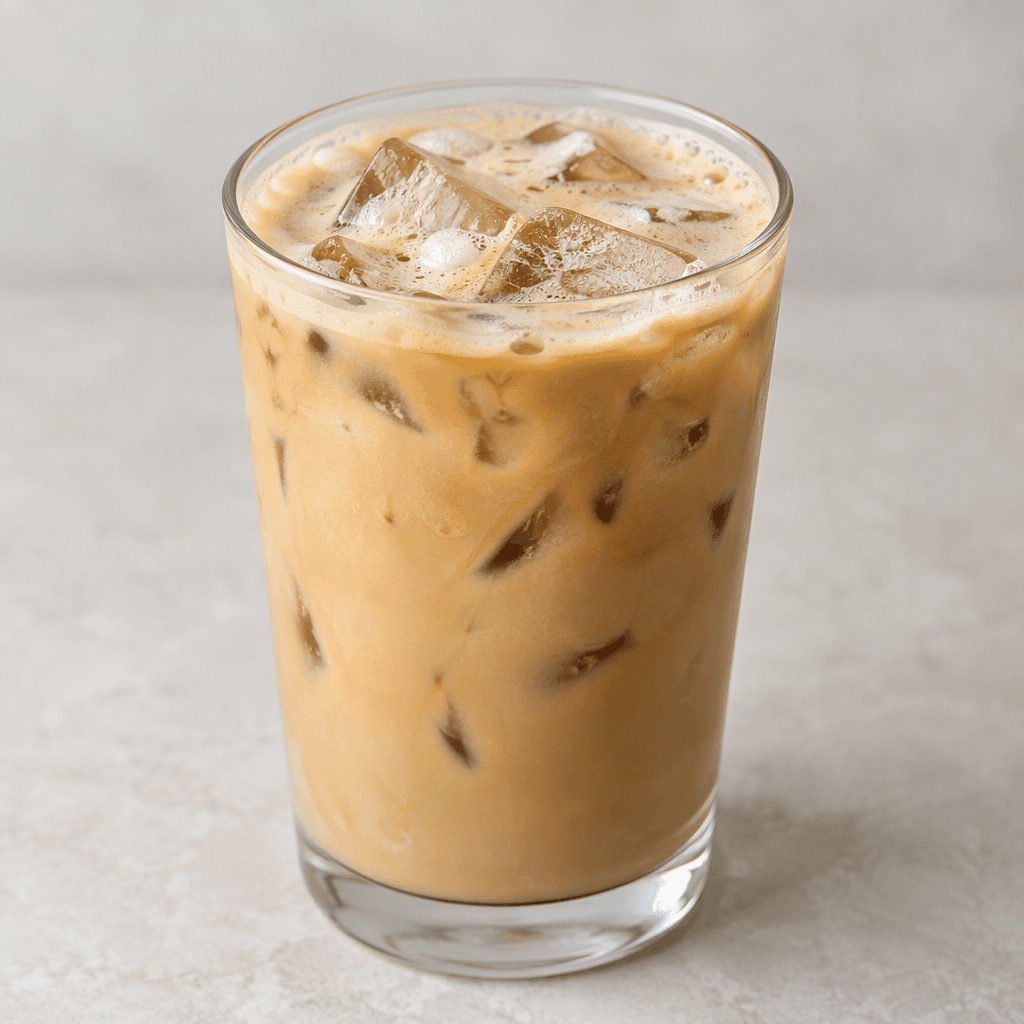 A creamy light-tan iced coffee in a clear glass, with visible ice cubes and a softly blended, slightly foamy surface.