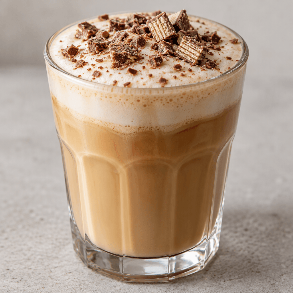A light-brown latte sits in a clear glass, topped with creamy foam and scattered chocolate wafer crumbs.