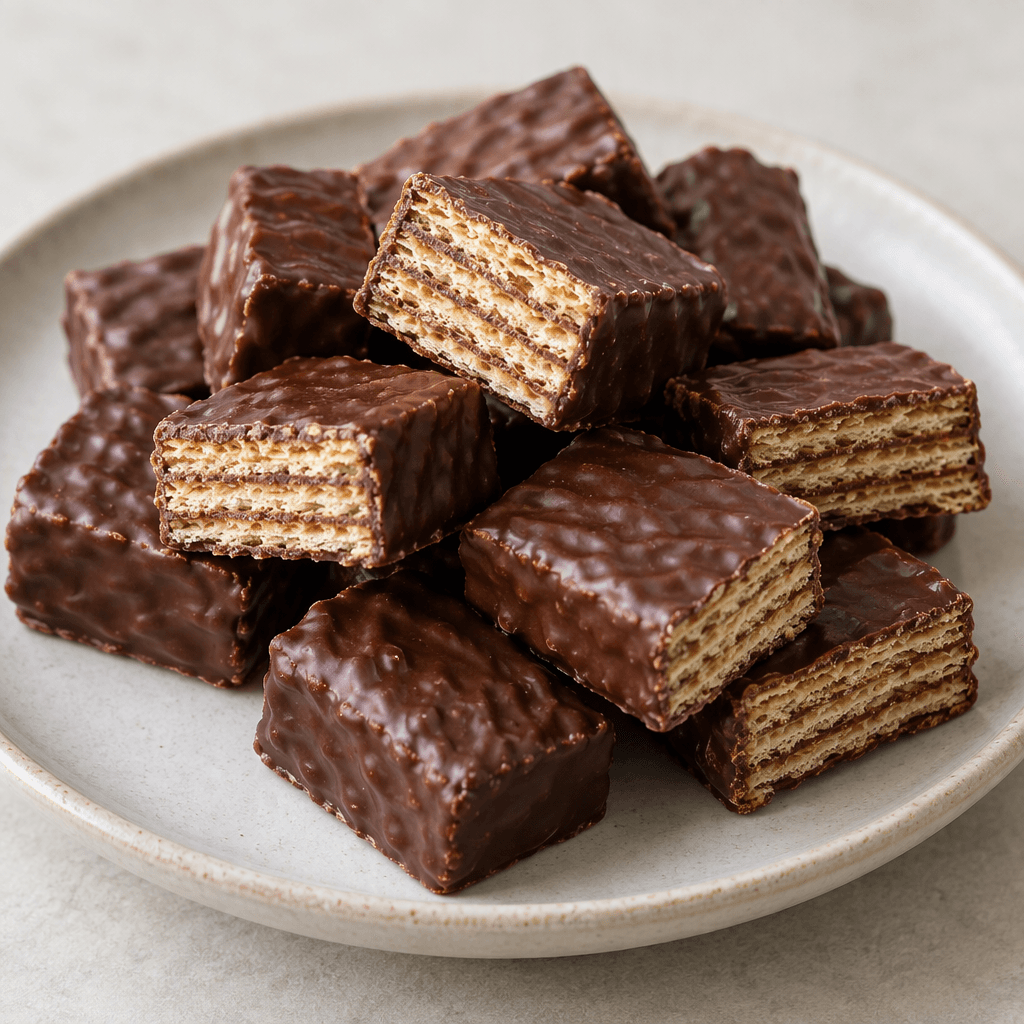 Small, bite-sized rectangular wafer pieces with crisp, pale-golden layers and dark chocolate coating, arranged together on a plate.