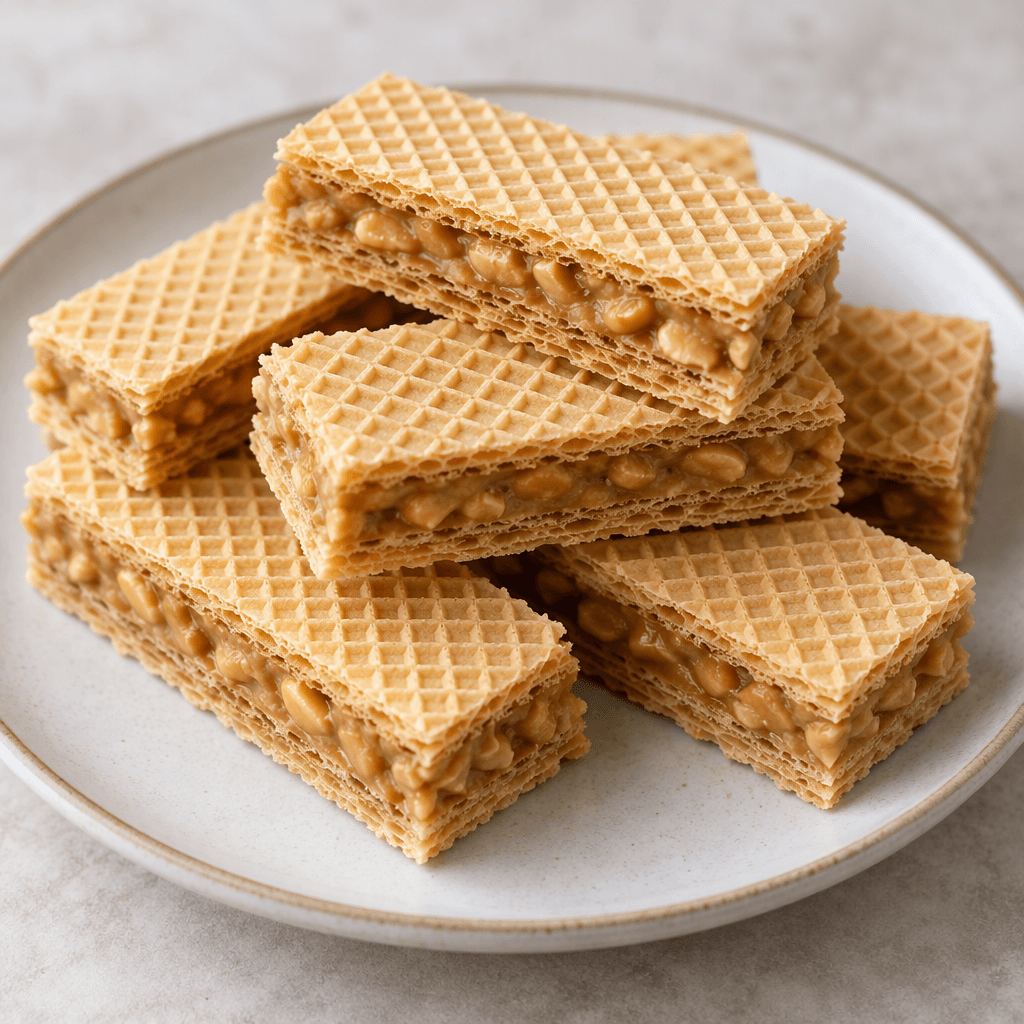 Small rectangular wafer bars with crisp, thin golden layers and visible light-brown peanut filling between them, arranged on a plate.