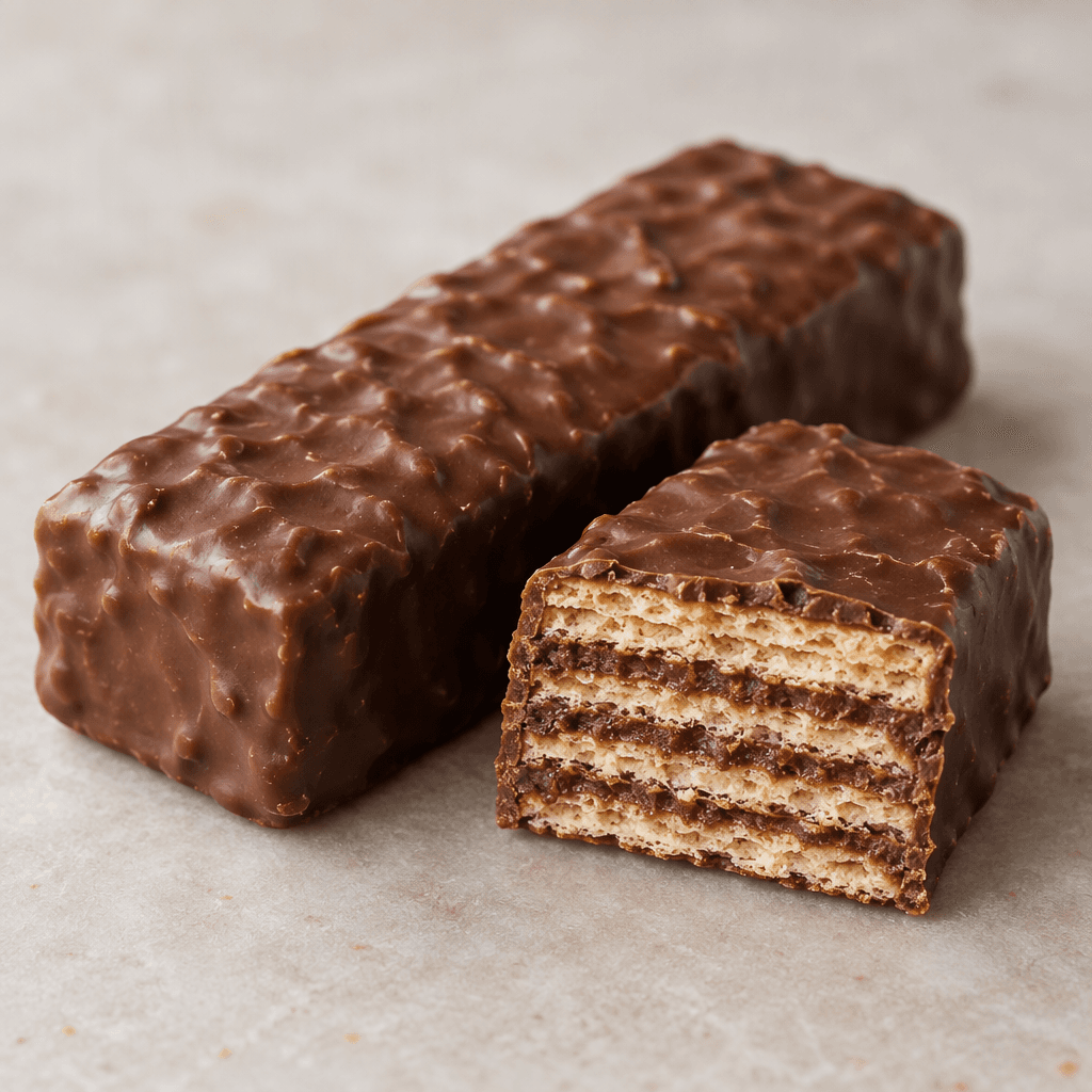 An elongated rectangular chocolate-coated bar with a slightly uneven brown surface, shown whole beside a cut piece that reveals thin pale wafer layers and a darker filling.