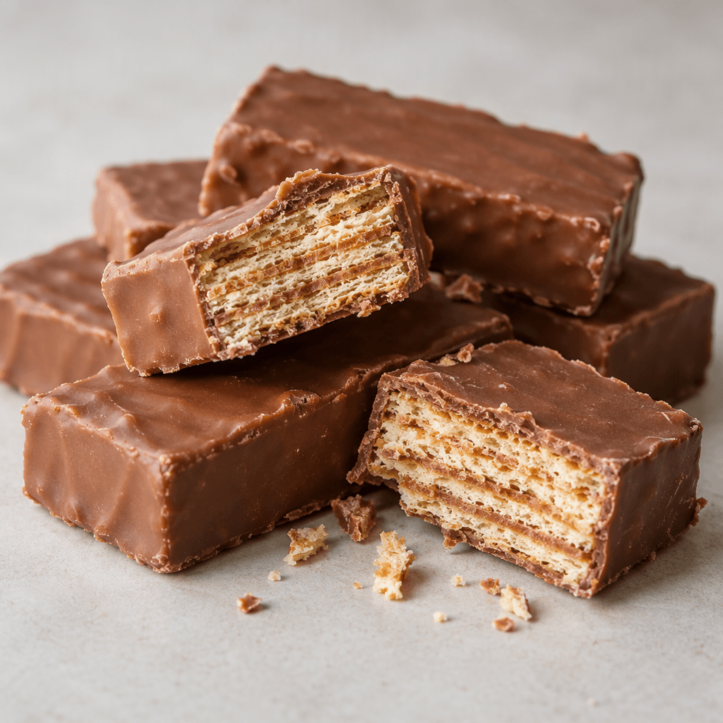 Small, rectangular milk-chocolate-coated wafer pieces with smooth brown tops and crisp, pale golden layers visible where they are broken, arranged on a plain surface.