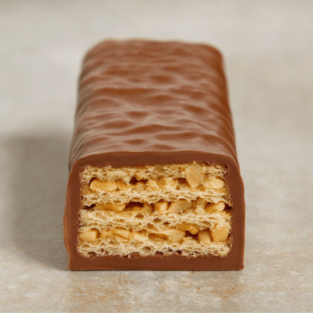 An elongated rectangular wafer bar coated in smooth light-brown milk chocolate, with a crisp layered wafer and pieces of peanut visible at the cut edge.