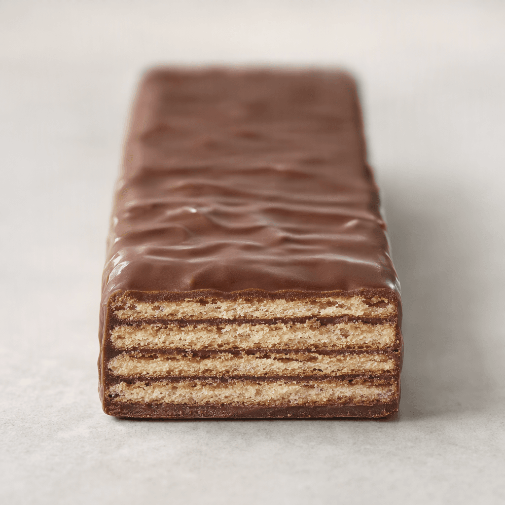 A slim rectangular wafer bar coated in dark brown chocolate, with a slightly uneven glossy surface and crisp, layered wafer edges visible at the ends.