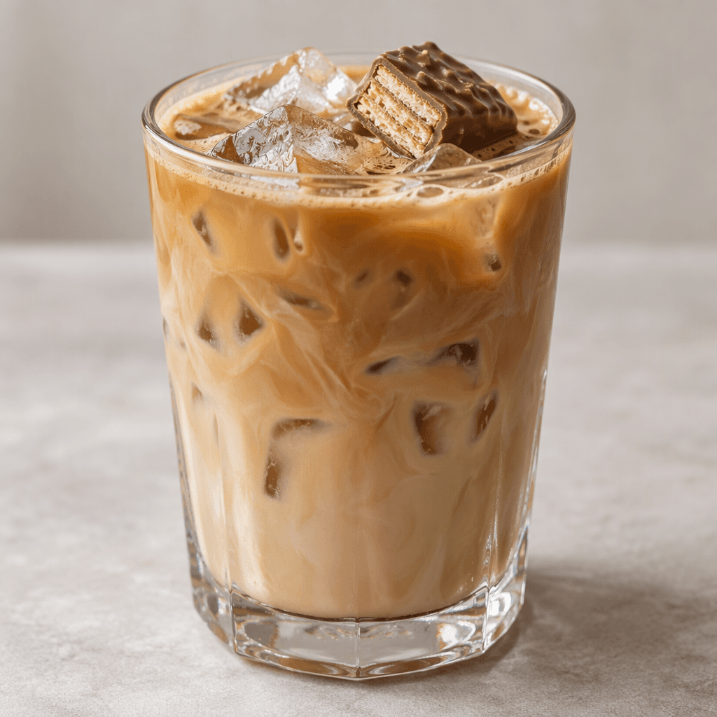 A pale caramel-brown iced latte sits in a clear glass, with visible ice cubes and a small chocolate-coated wafer piece resting on top.