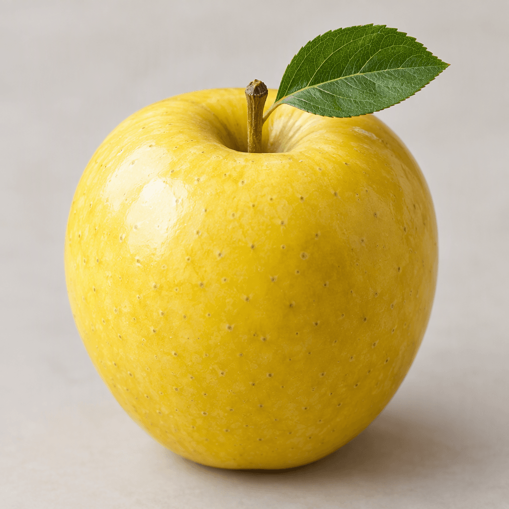 A round apple with smooth, glossy golden-yellow skin, subtle pale speckles, a shallow dimple around the short brown stem, and a small green leaf attached.