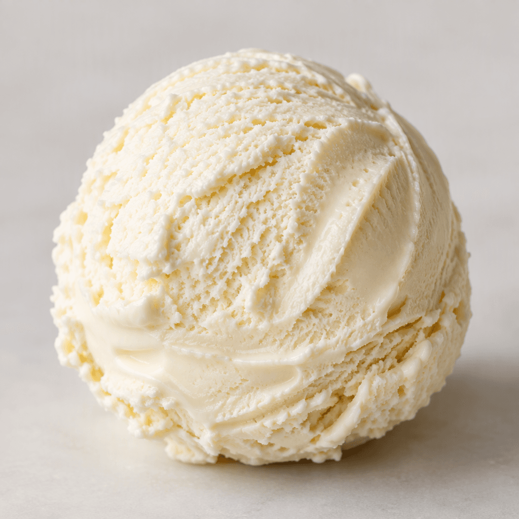 A rounded mound of pale ivory white-chocolate ice cream with a smooth, creamy surface and soft scoop marks.