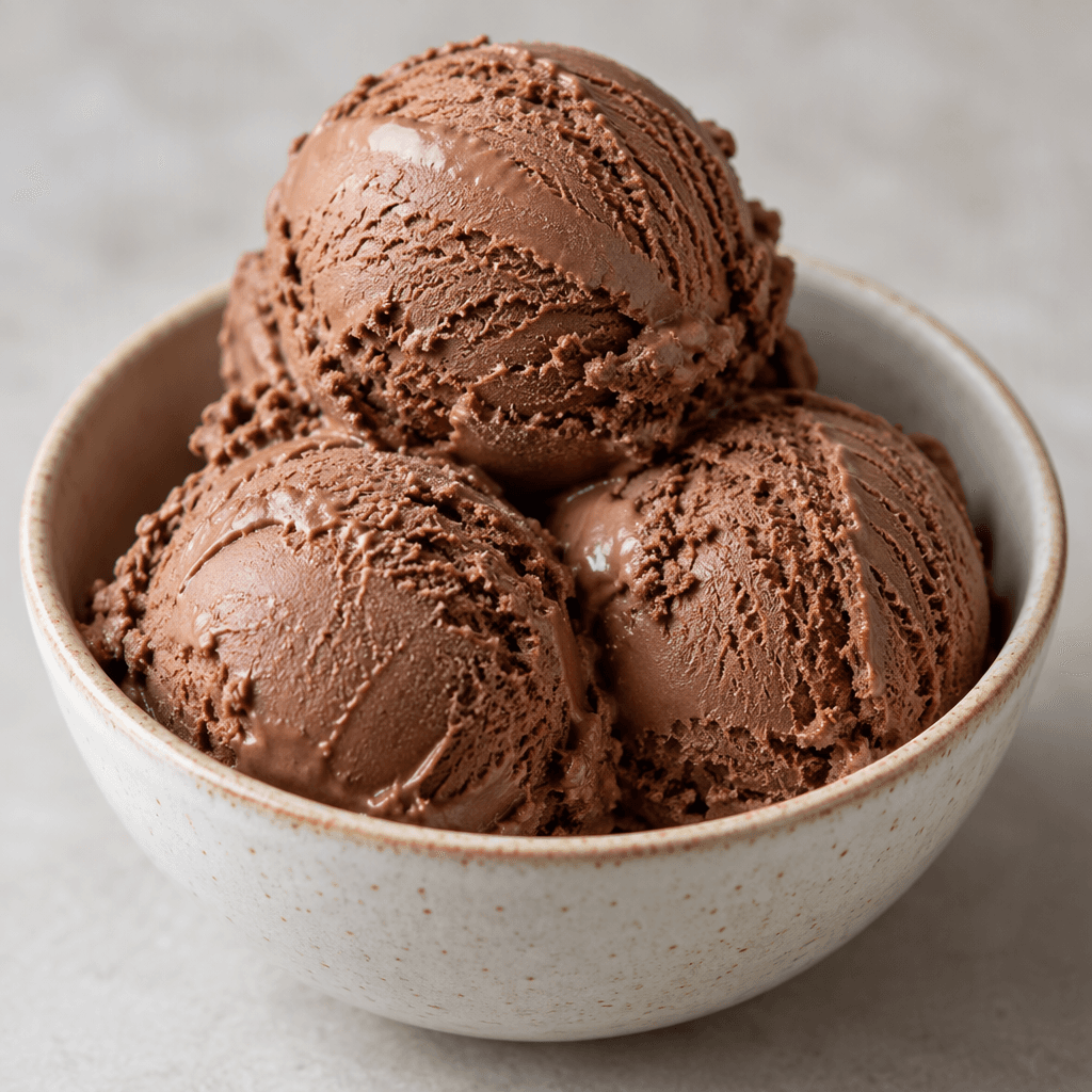 Rounded scoops of chocolate-brown ice cream with a smooth, creamy surface sit in a small serving dish.