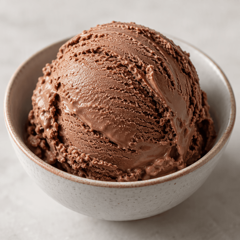A rounded scoop of chocolate-brown ice cream with a smooth, creamy surface and a few soft ridges, served in a small bowl.