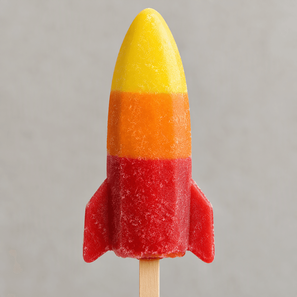 A brightly coloured frozen ice pop with a rounded, pointed rocket-like top and small side fins, showing bands of yellow, orange and red on a stick.