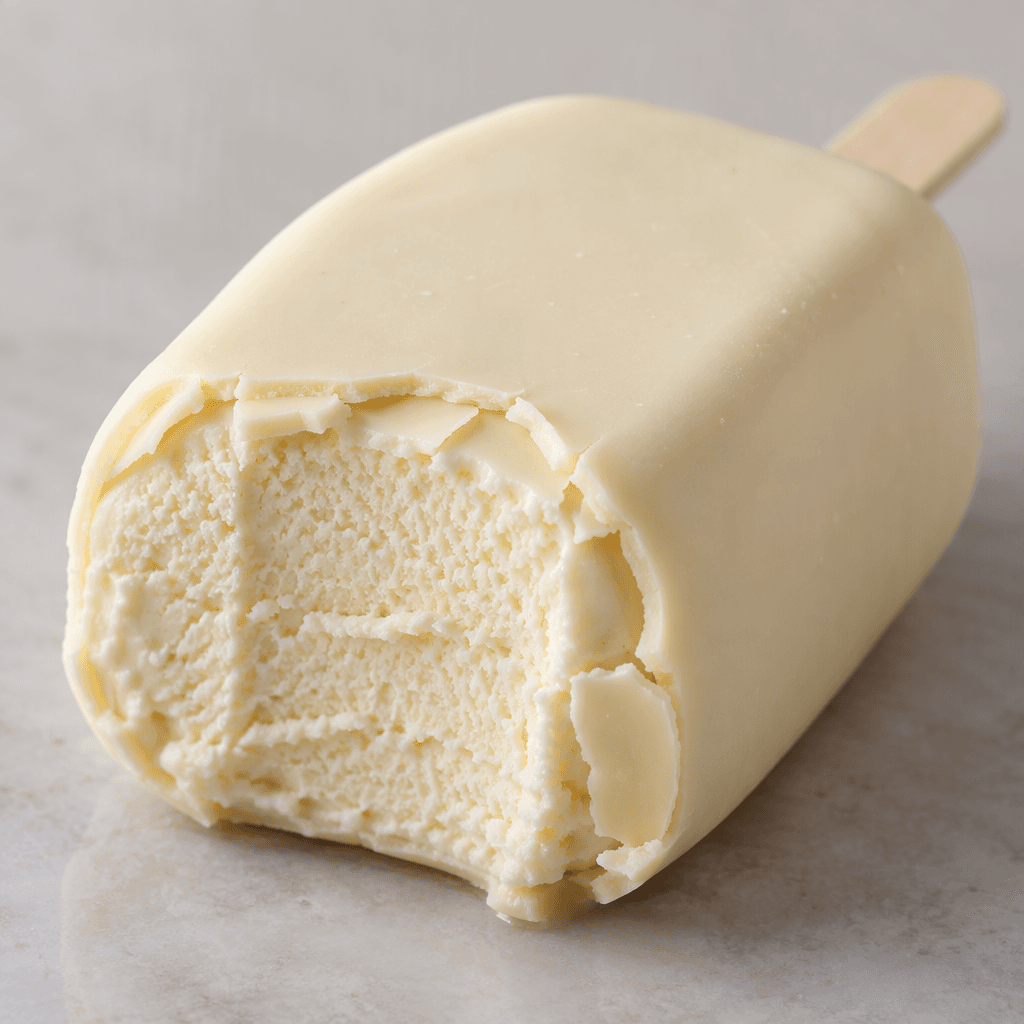 A bar of pale vanilla-colored ice cream is covered in a smooth white chocolate shell, with a creamy white interior visible where it is cut.