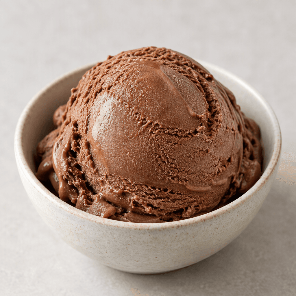 A rounded scoop of chocolate ice cream with a smooth, creamy surface and a rich brown colour, served in a small bowl.