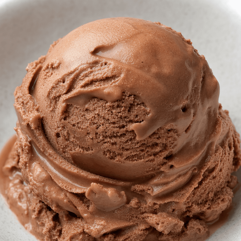 A serving of chocolate ice cream with a smooth, creamy texture and a rich brown colour.