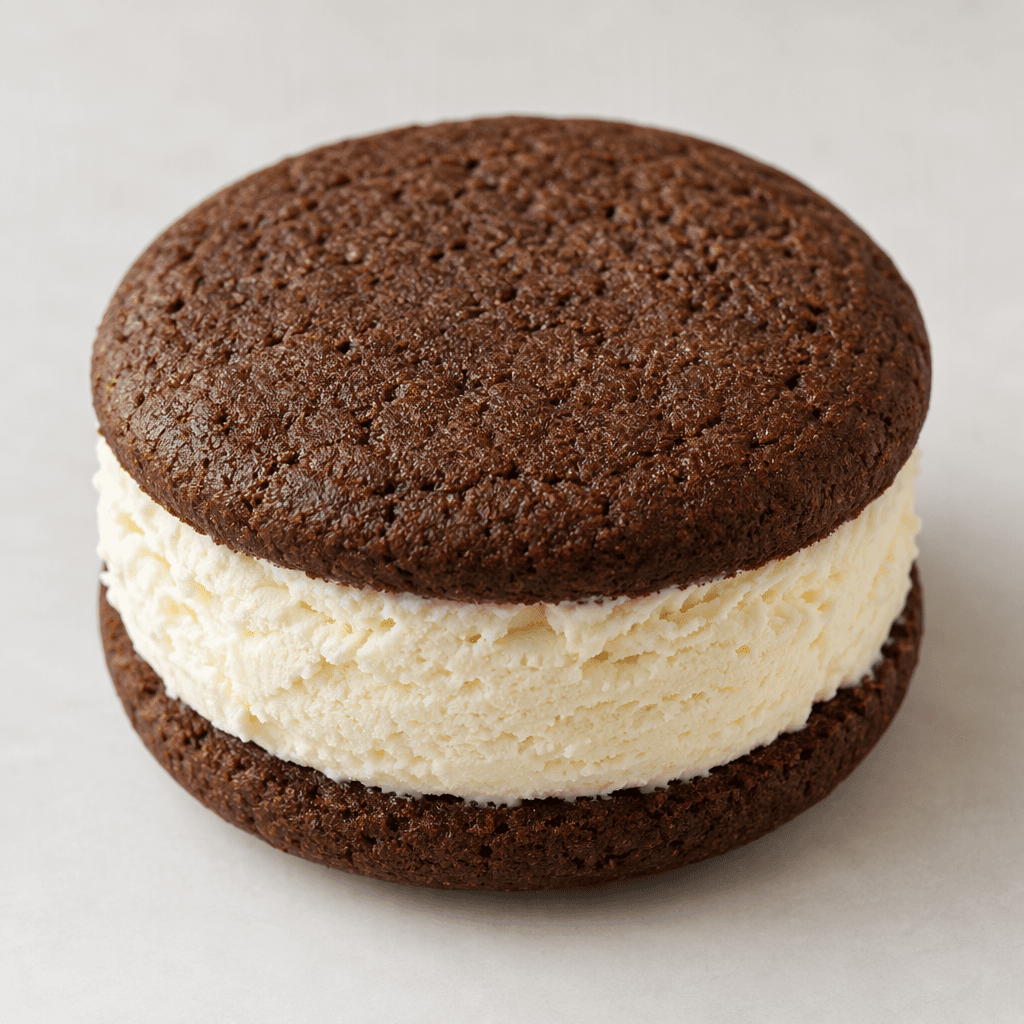 A round ice cream sandwich with two dark cocoa-brown, softly textured biscuit layers and a thick band of pale cream-colored ice cream visible between them.