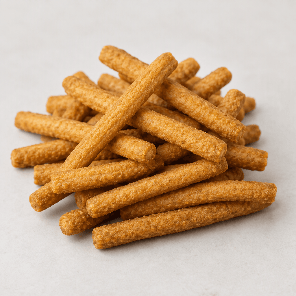 Slim, uniform cylindrical snack sticks with a dry, lightly rough surface and a golden-brown colour, arranged in a small pile.