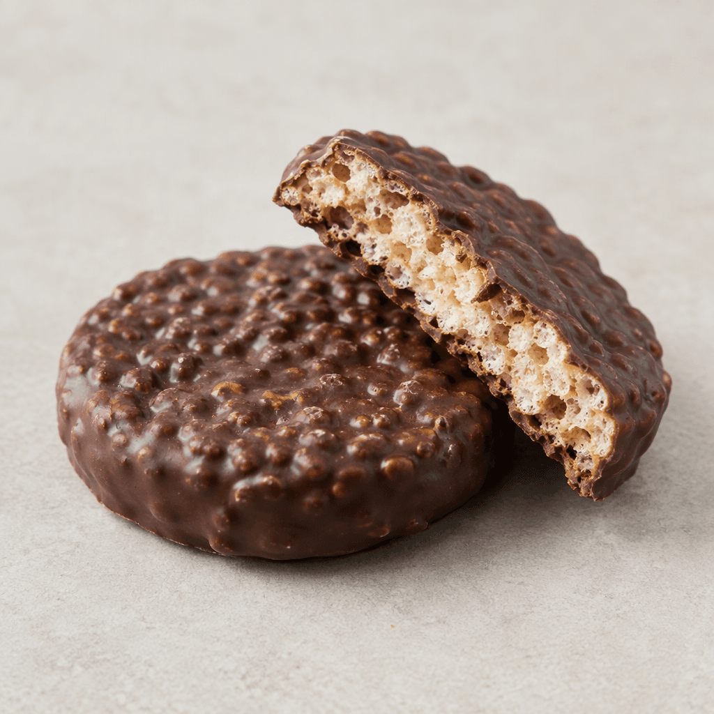 A small, round, flat cake with a porous, puffed-grain surface and a smooth dark chocolate coating, shown whole and broken to reveal its airy interior.