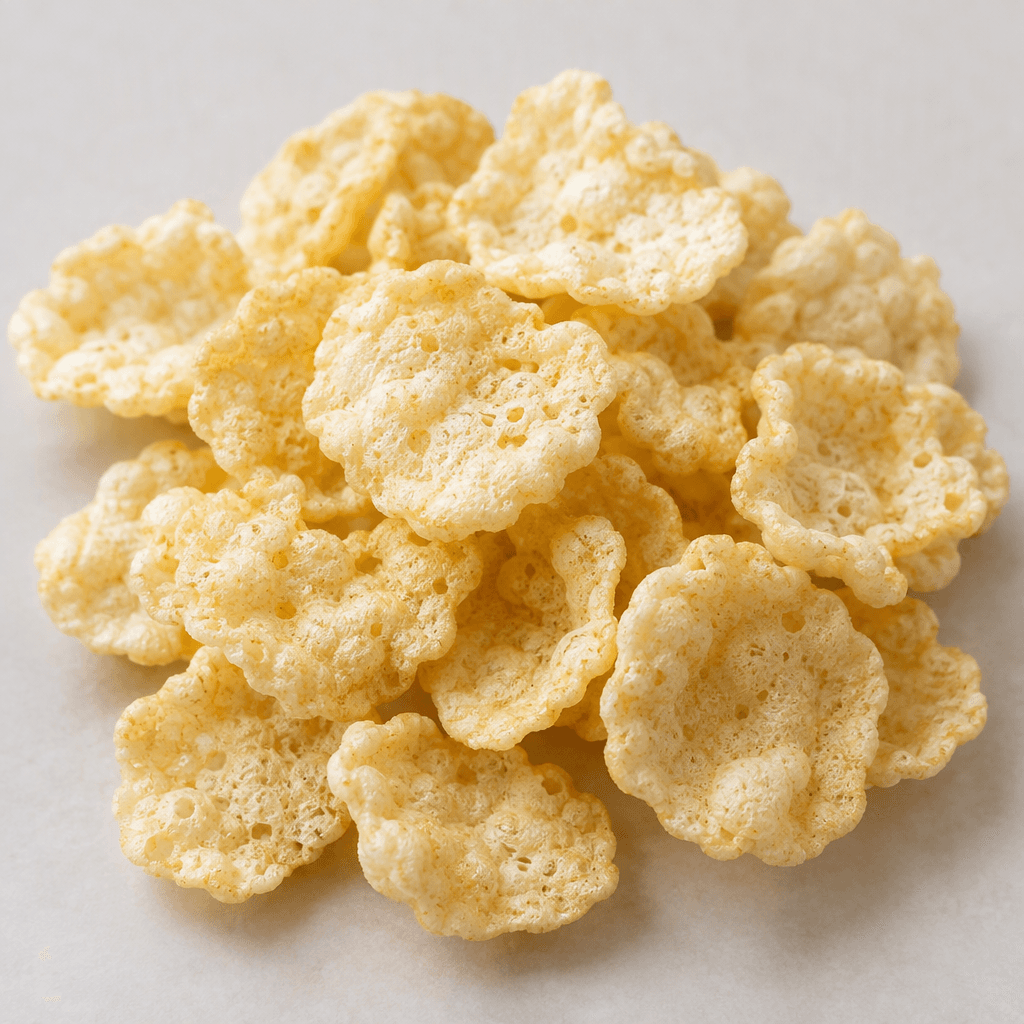 Light golden, airy puffed corn-and-rice pieces lie scattered, each a small, roughly round, wavy-edged disc with a bubbled, porous surface.