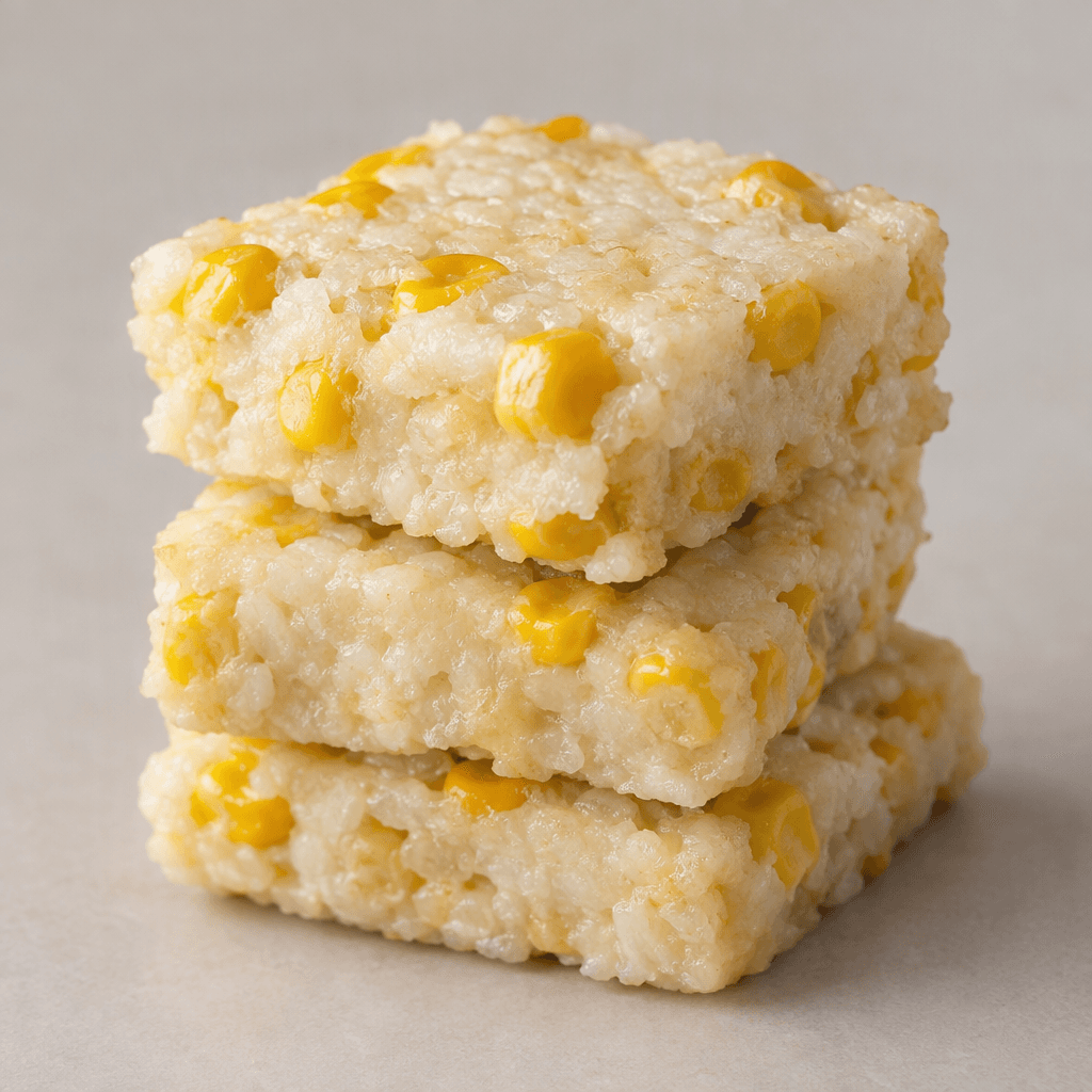 Small, pale rice cakes studded with yellow corn kernels, with a soft, slightly uneven surface and a compact, square shape.