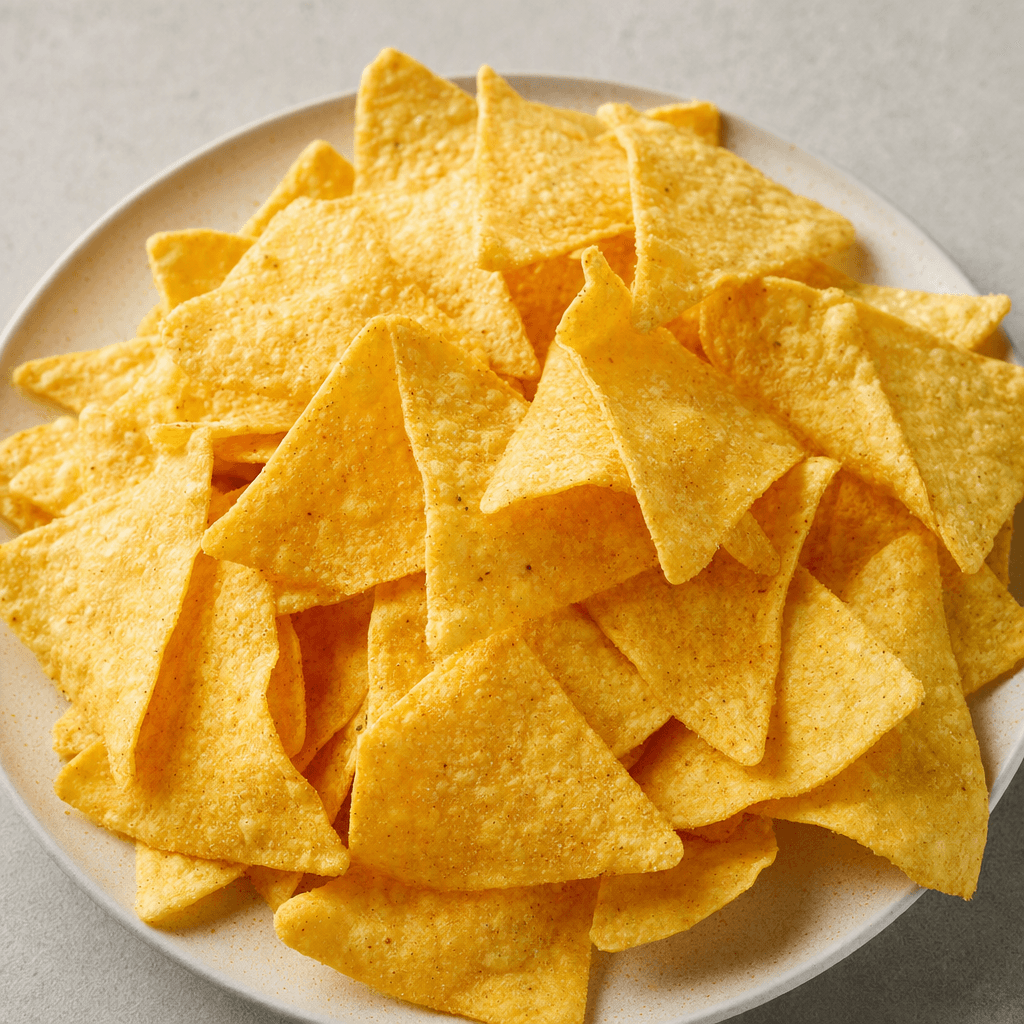 Golden-yellow corn chips with irregular triangular shapes, lightly bubbled surfaces, and crisp-looking edges are loosely piled on a plate.