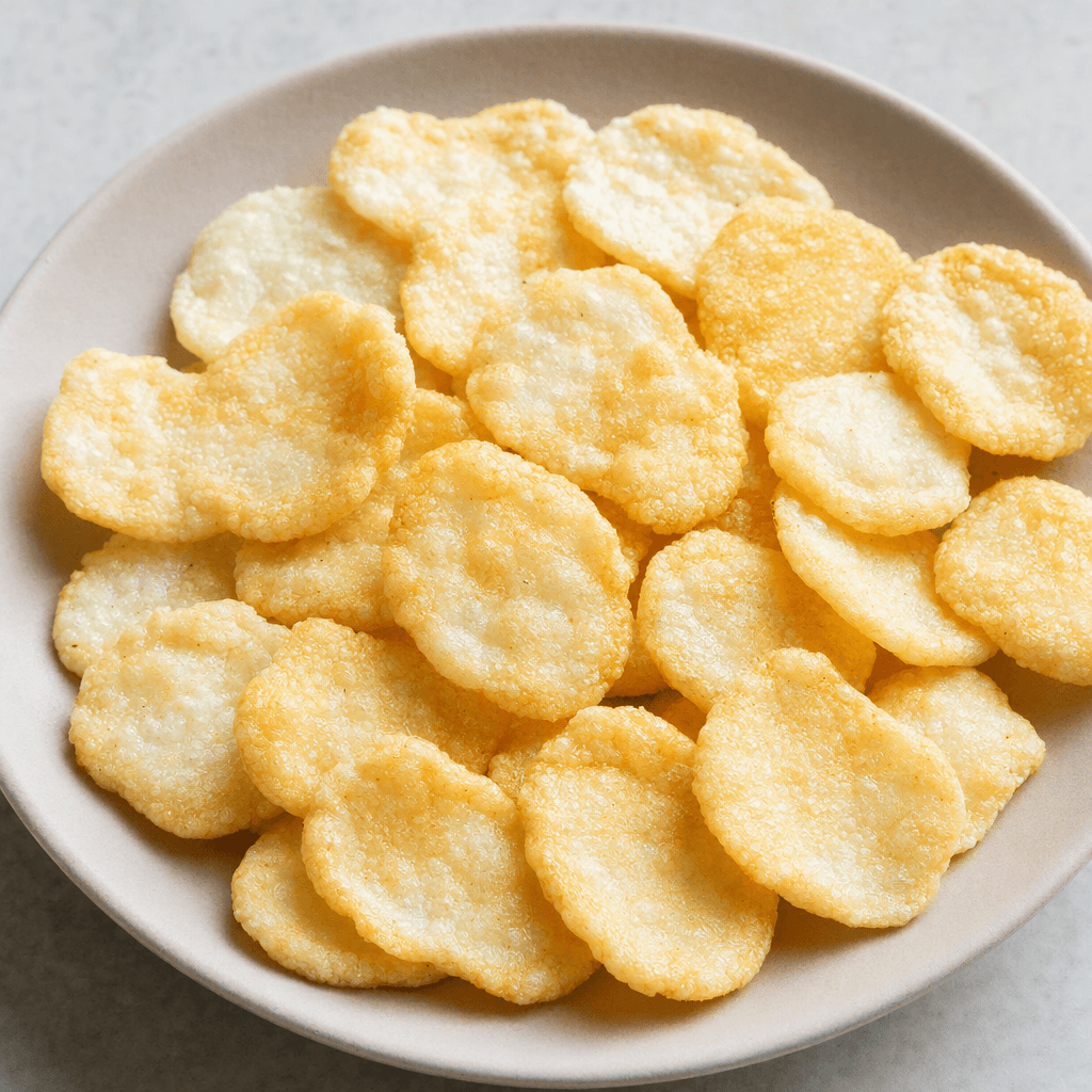 Small, flat, round or irregular rice crackers with a pale ivory-to-golden colour and a dry, lightly bubbled surface are scattered on a plate.