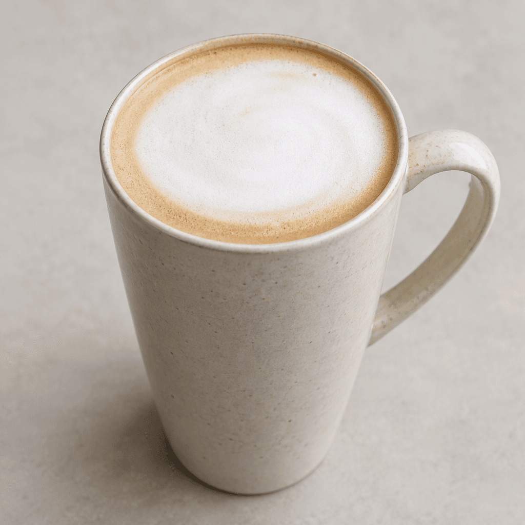 A large latte served in a tall ceramic cup, with pale caramel-brown coffee beneath a smooth, thin layer of white steamed-milk foam.