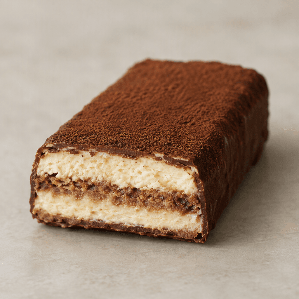 Kesik kenarında açık renkli, kremamsı iç dokusu görünen, dışı koyu kakao kahverengisi kaplı dikdörtgen bir tiramisu barı.