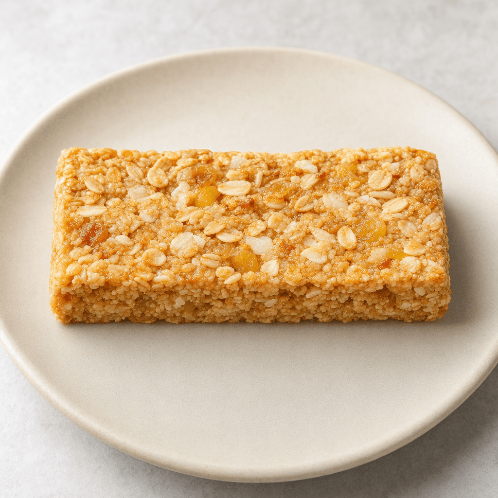 A compact rectangular golden-beige grain bar with a rough, chewy-looking surface and visible oat flakes and small pale and amber pieces, served whole on a plate.