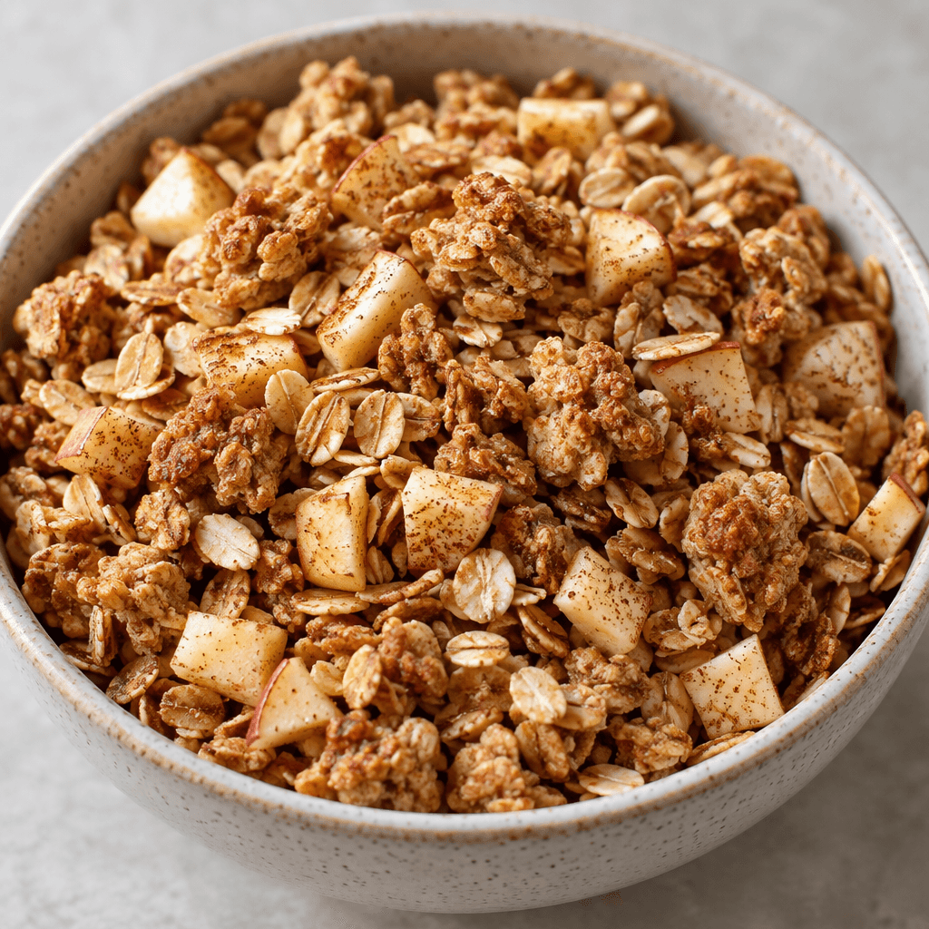 A loose mixture of toasted oat flakes and crunchy golden-brown clusters, dotted with small pale dried-apple pieces and fine cinnamon flecks.