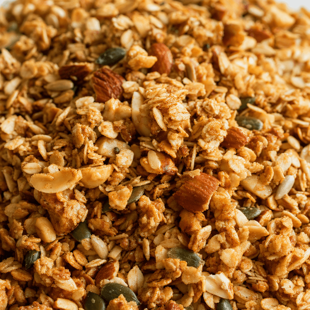 Golden-brown granola forms an uneven pile of crisp flakes and small clusters, with a few visible seeds and nut pieces.