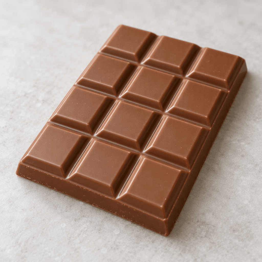 A rectangular milk-chocolate bar with a smooth, softly glossy light-brown surface, molded into neat raised sections and resting on a plain surface.