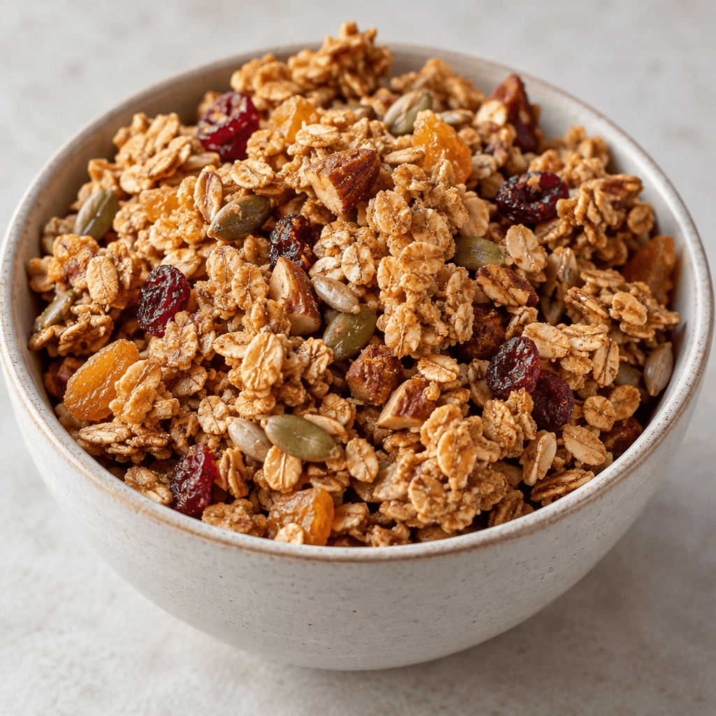 Golden-brown granola forms irregular clusters of rolled oats with visible seeds and small dried-fruit pieces, piled in a bowl.