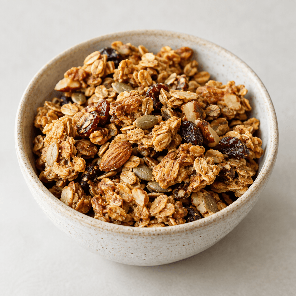 Loose, irregular clusters of golden-brown gluten-free granola with visible rolled oat flakes, chopped nuts, seeds, and a few darker dried-fruit pieces, served in a small bowl.