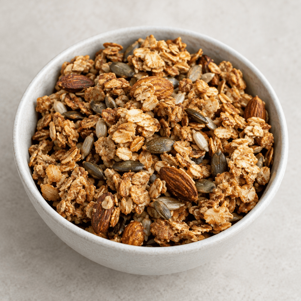 Loose golden-brown clusters of toasted gluten-free oat flakes mixed with visible almonds, pumpkin seeds and sunflower seeds, with a dry, crisp, uneven texture, served in a simple bowl.